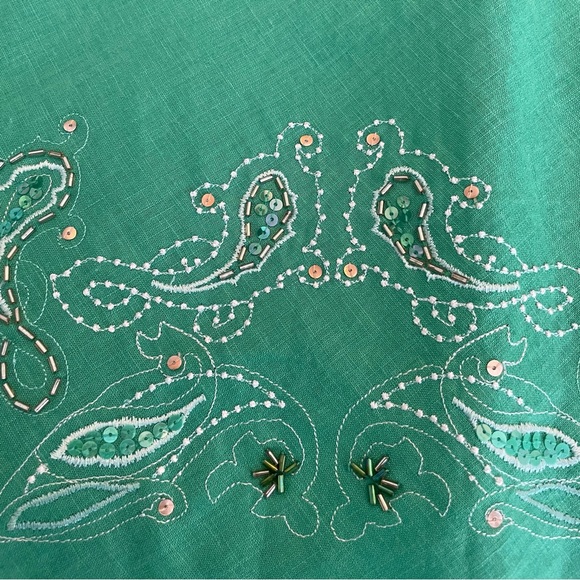 Apostrophe women’s linen blend midi A-line paisley embroidered skirt in green. - Picture 4 of 7